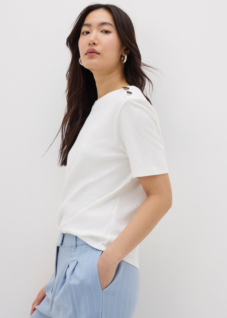 Et Vous White Button Detail Oversized T-Shirt