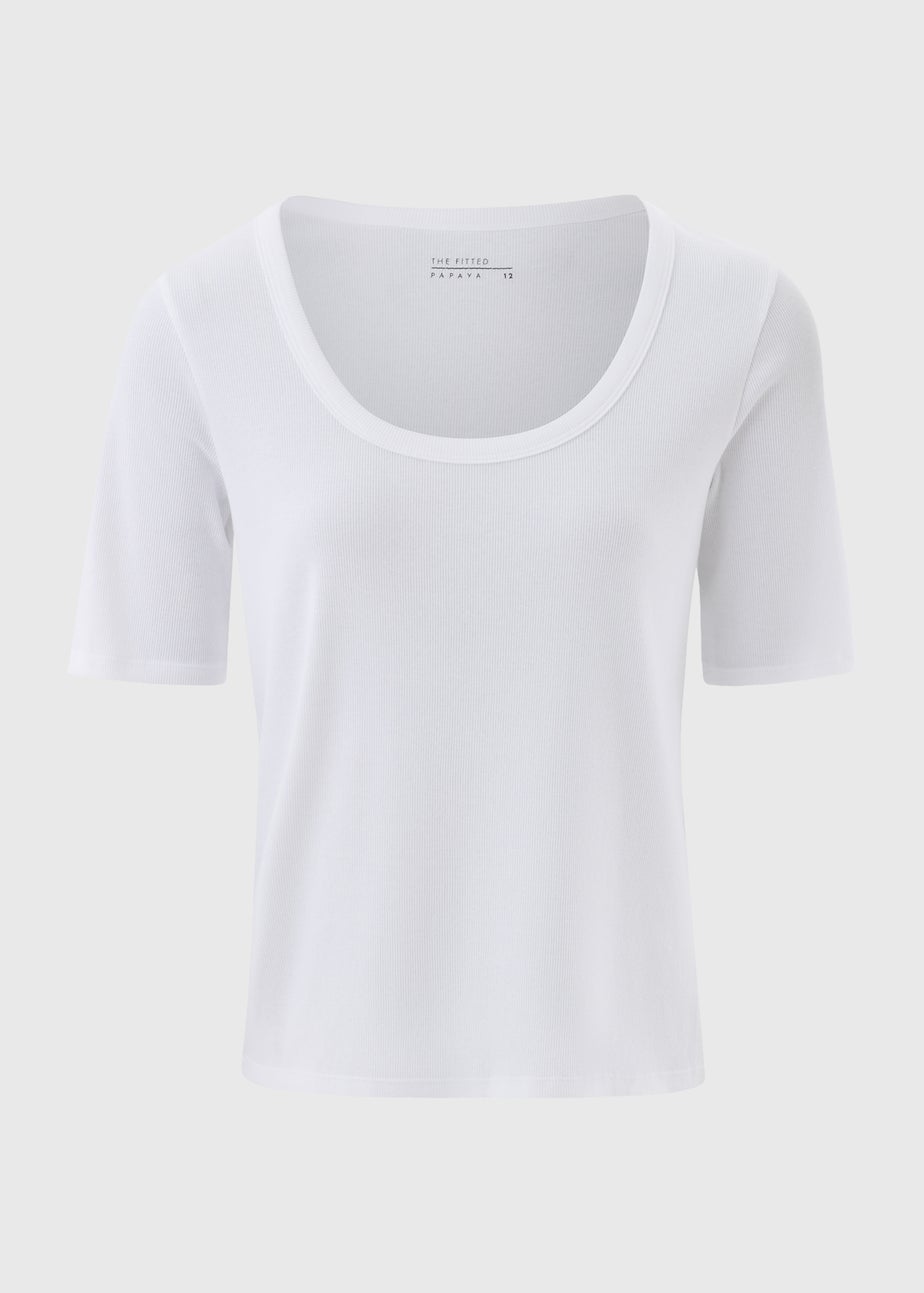Cream Ribbed Scoop Neck Fitted T-Shirt
