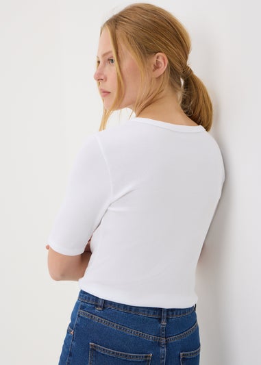 Cream Ribbed Scoop Neck Fitted T-Shirt