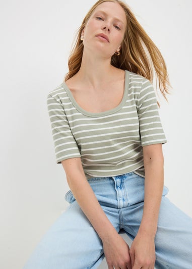 Green Stripe Ribbed Scoop Neck Top