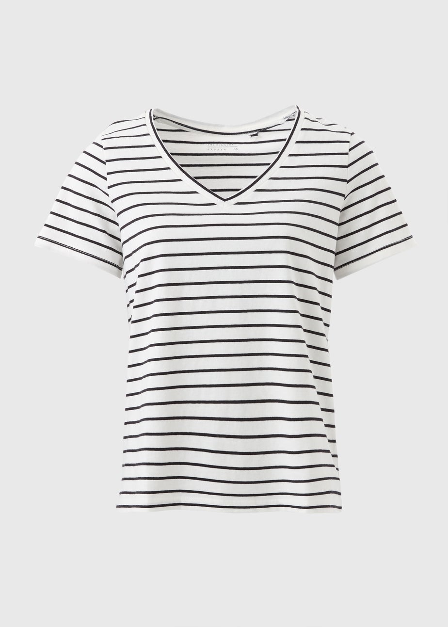 Cream Stripe V-Neck Regular Fit T-Shirt