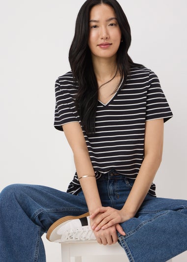 Black Stripe V-Neck Regular Fit T-Shirt