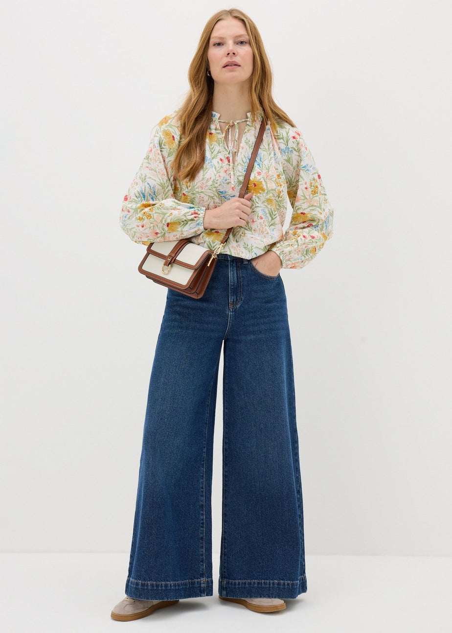 Cream Floral Boho Tie Neck Blouse