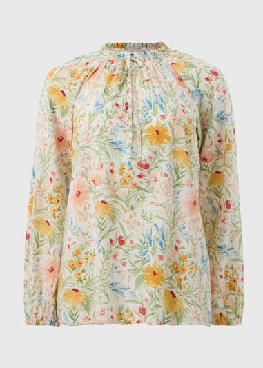 Cream Floral Boho Tie Neck Blouse
