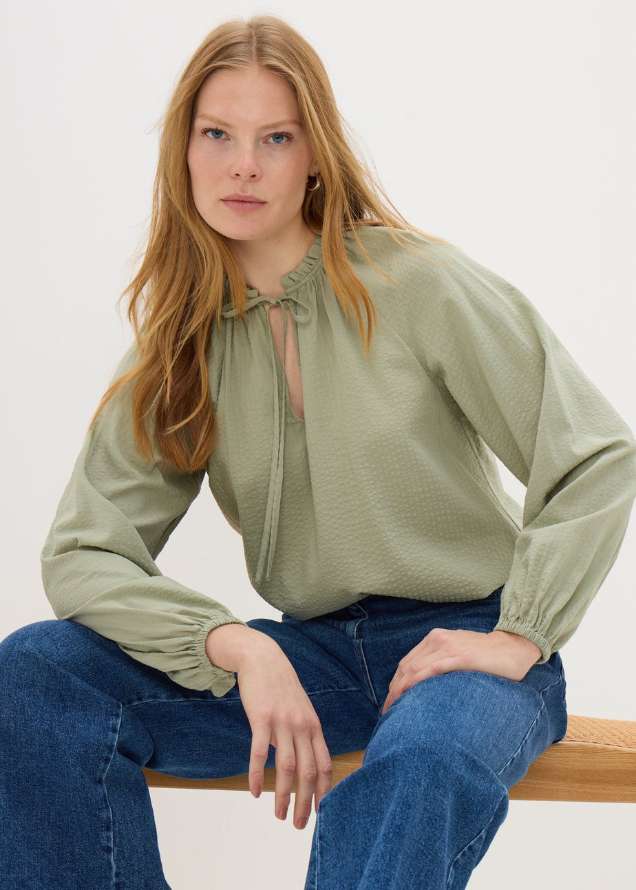 Green Boho Tie Neck Blouse