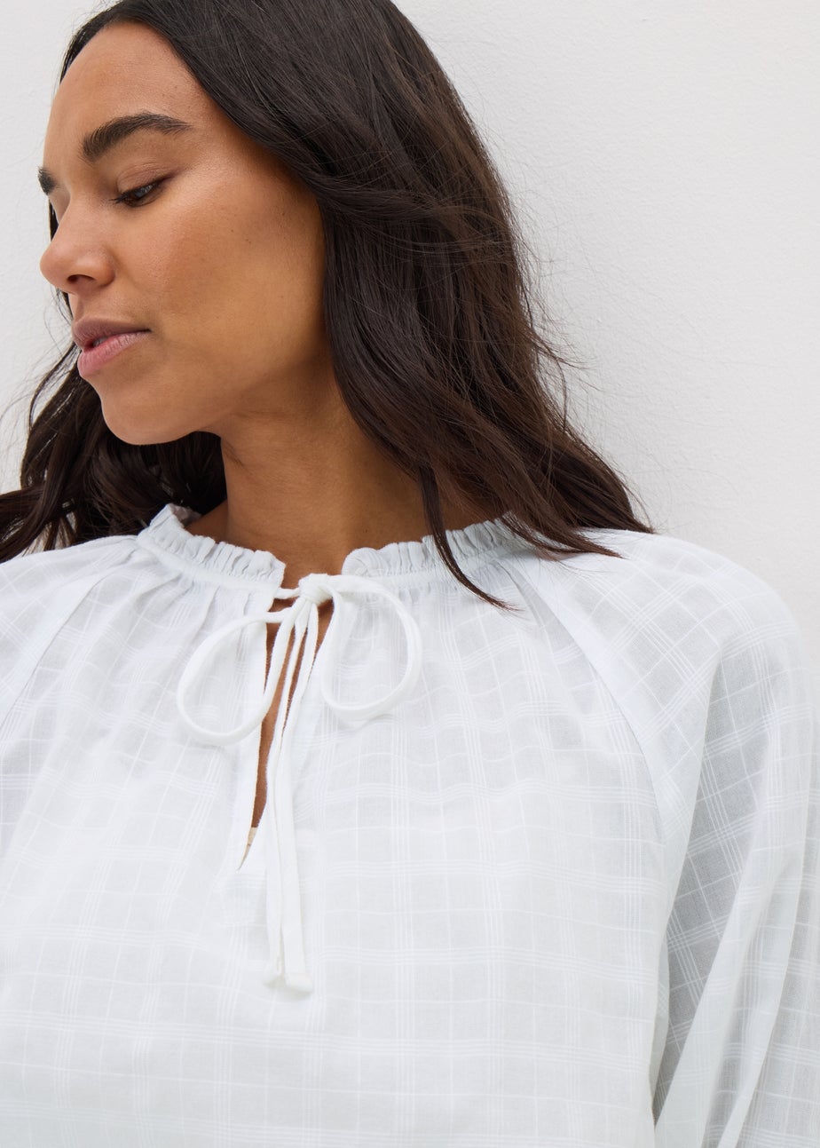 White Textured Tie Neck Blouse