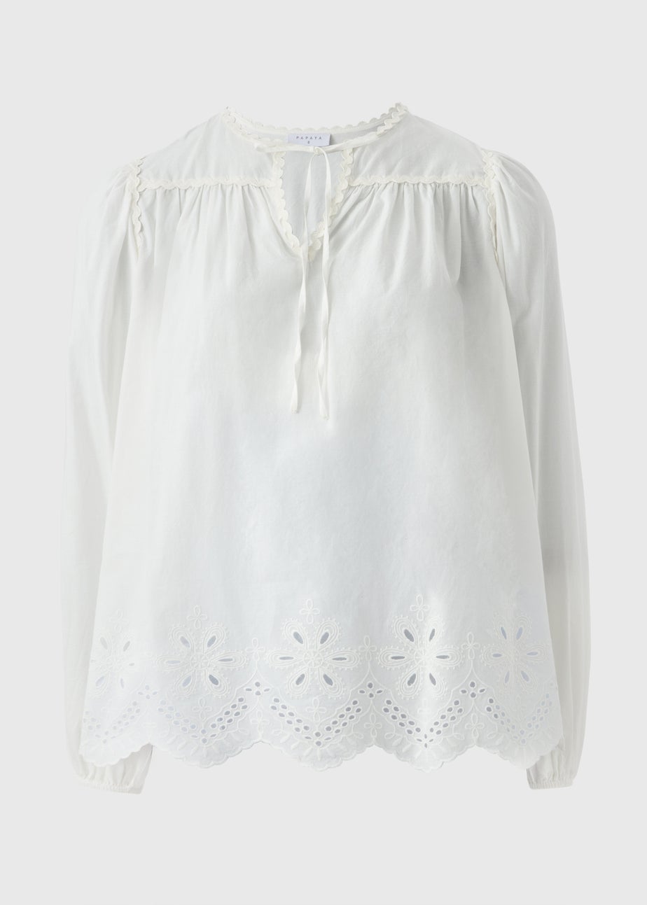 White Embroidered Tie Neck Blouse