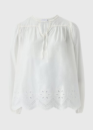 White Embroidered Tie Neck Blouse