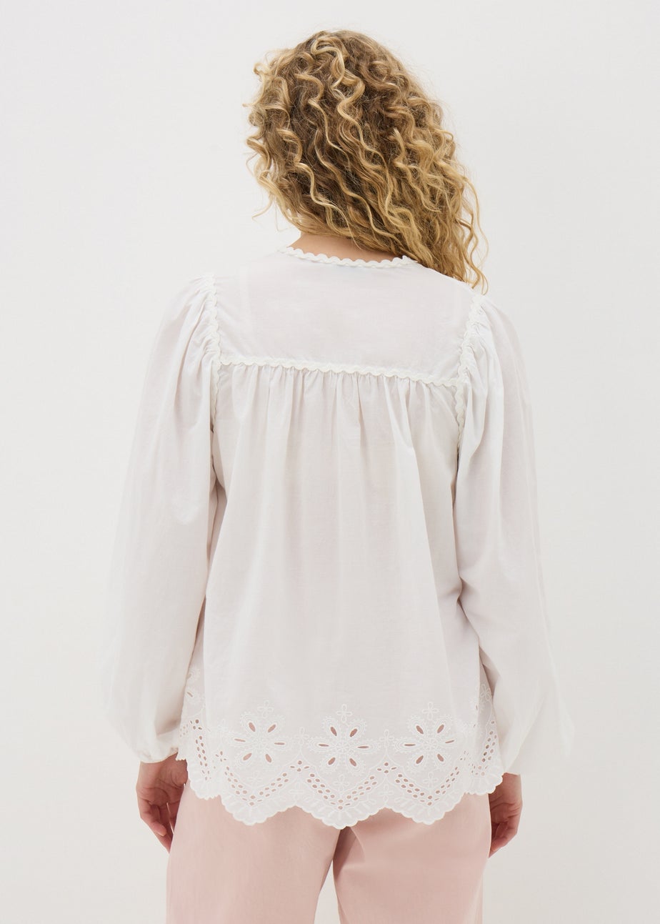 White Embroidered Tie Neck Blouse
