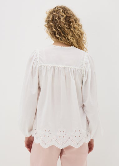 White Embroidered Tie Neck Blouse