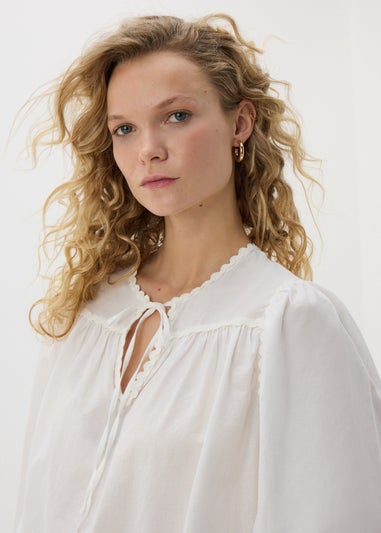 White Embroidered Tie Neck Blouse