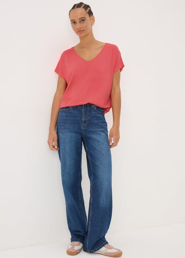 Coral V-Neck Relaxed Fit T-Shirt