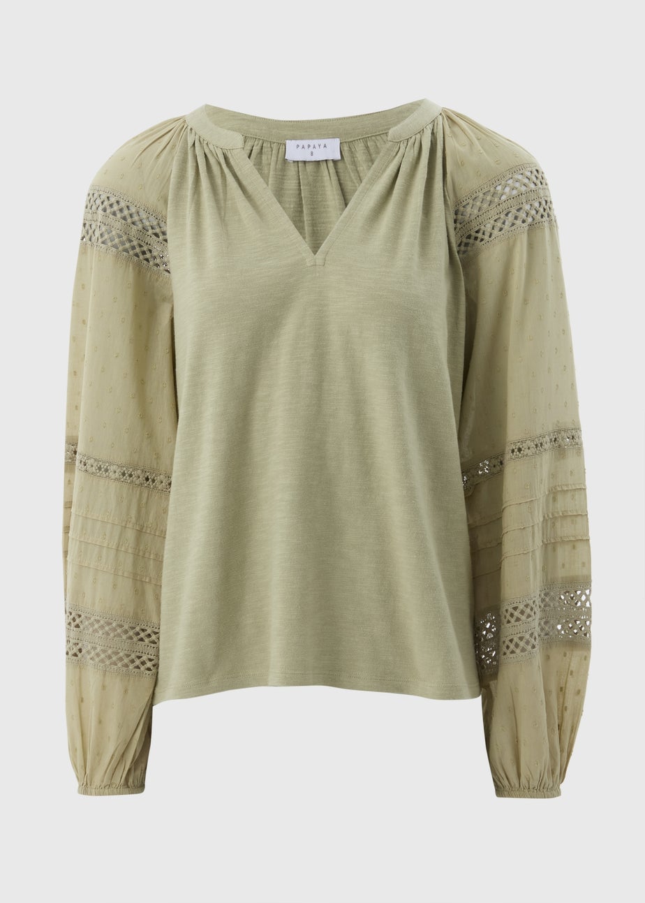 Green Broderie Anglaise Long Sleeve Top