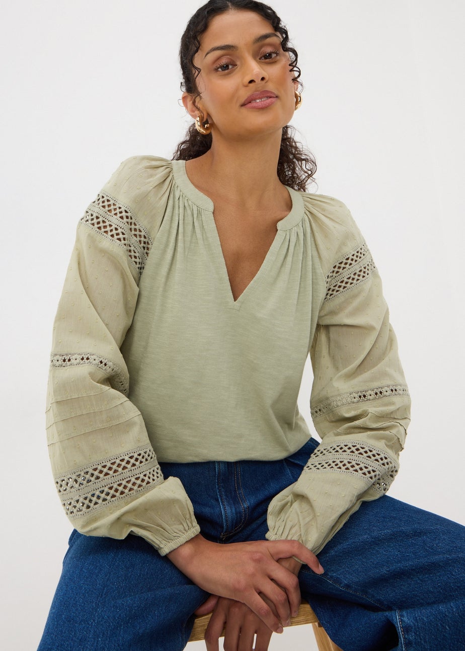 Green Broderie Anglaise Long Sleeve Top