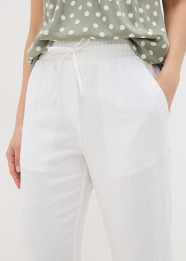 White Linen Blend Tapered Trousers