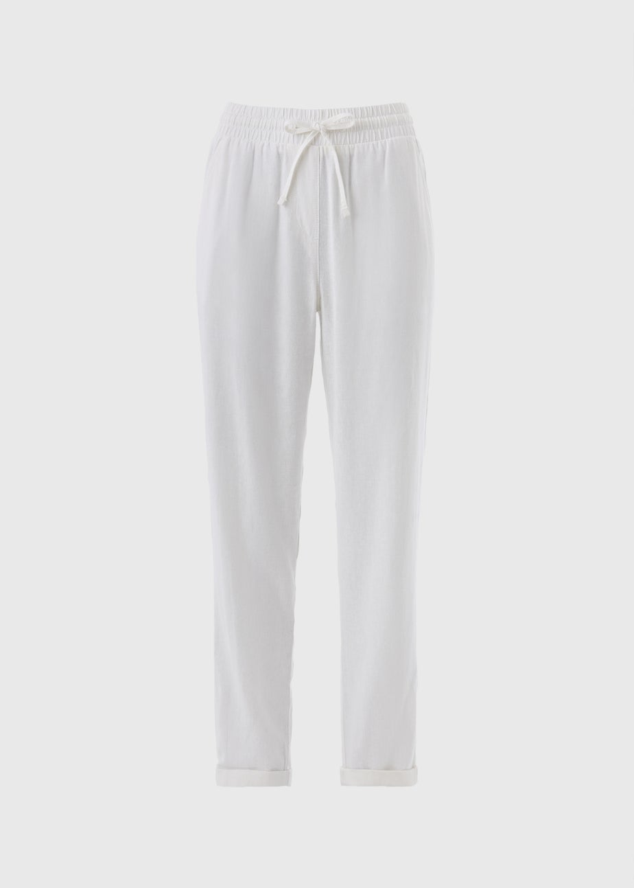White Linen Blend Tapered Trousers