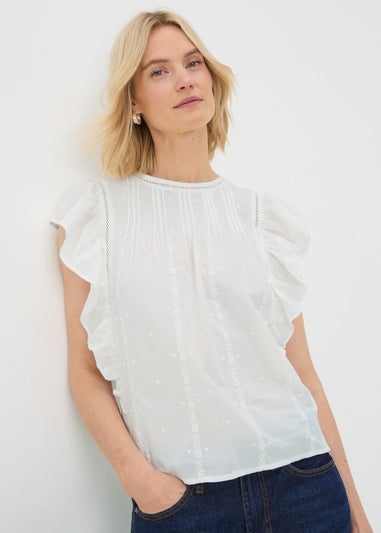 White Dobby Ruffle Sleeve Blouse