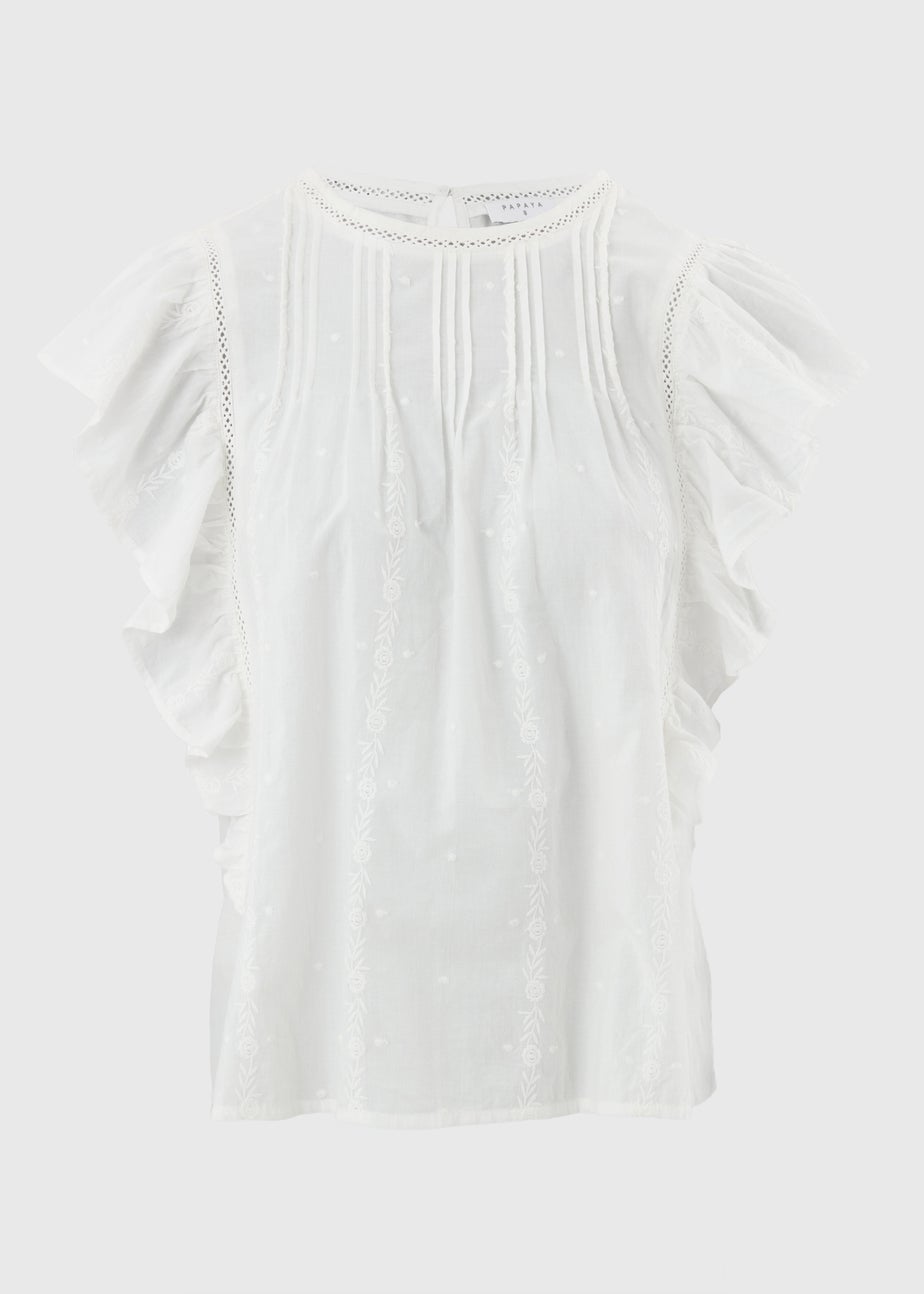 White Dobby Ruffle Sleeve Blouse