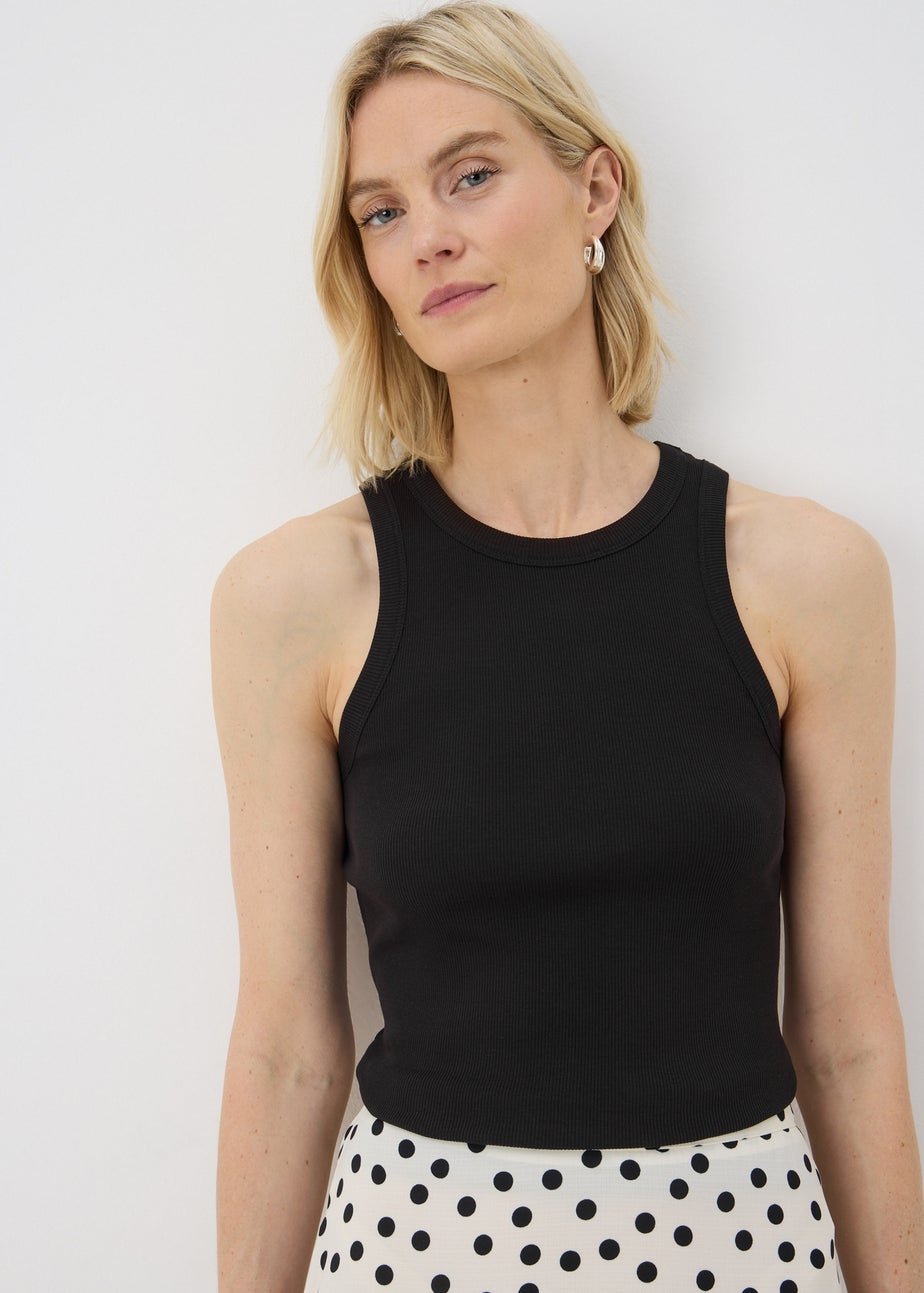 Black Ribbed High Neck Racer Back Vest Top