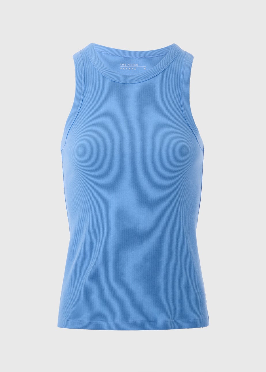 Navy Ribbed High Neck Racer Back Vest Top