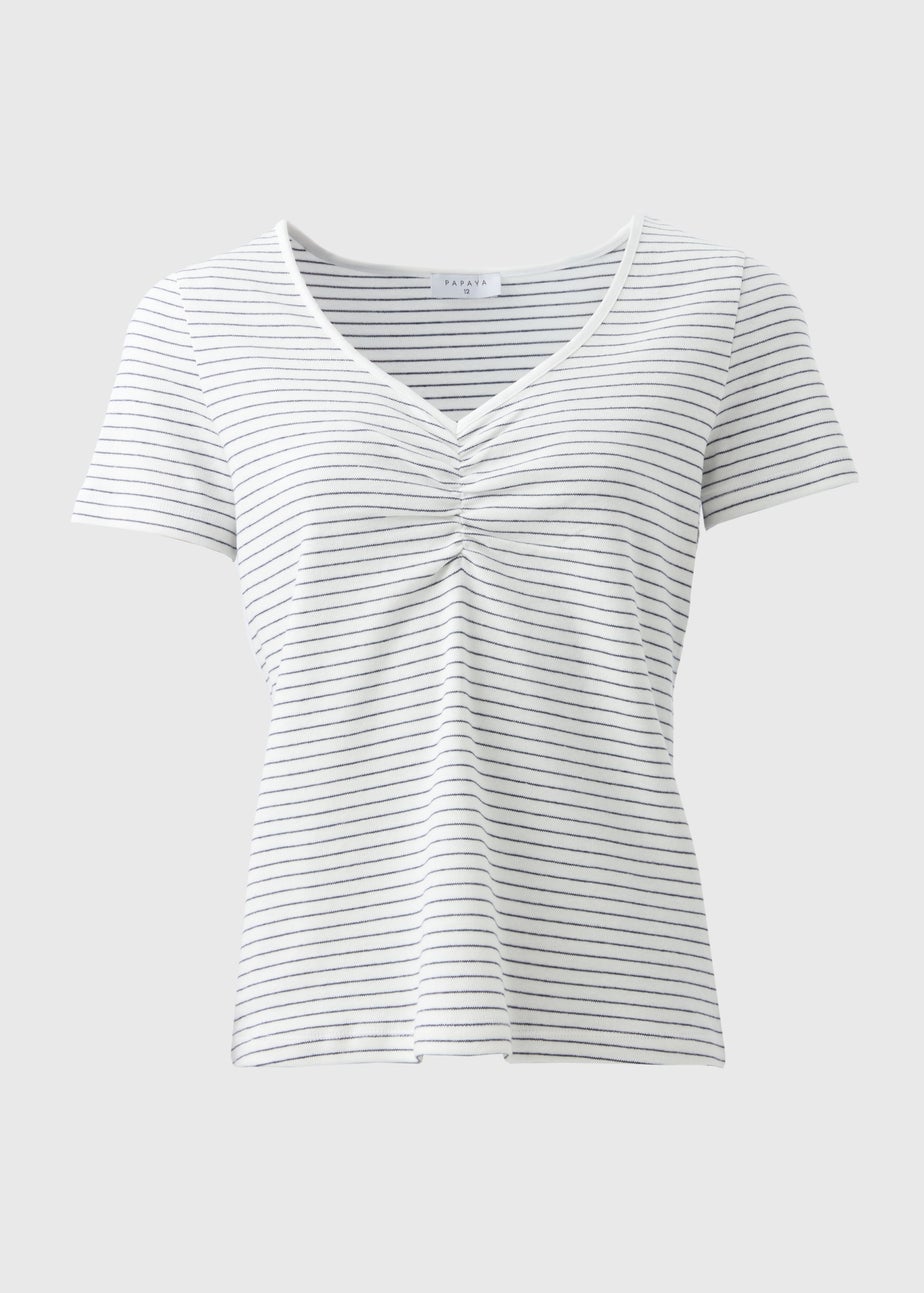 White Stripe Ruched Front T-Shirt