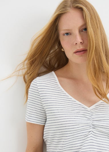 White Stripe Ruched Front T-Shirt