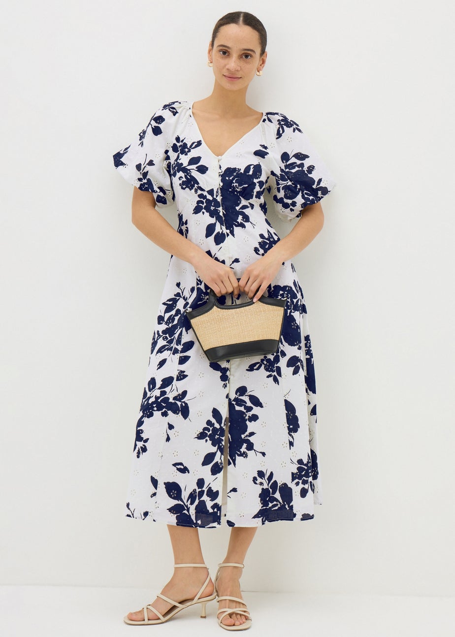 Navy Floral Broderie Anglaise Midi Tea Dress