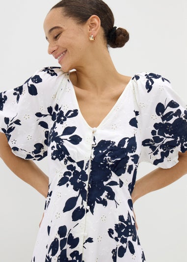 Navy Floral Broderie Anglaise Midi Tea Dress