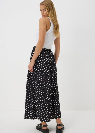 Black Monochrome Spot Flared Hem Midaxi Skirt