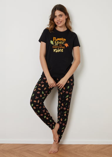 Threadbare Black Cotton Short Sleeve Autumn Pyjama Set