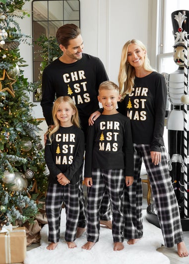 Threadbare Black Cotton Long Sleeve Christmas Check Pyjama Set