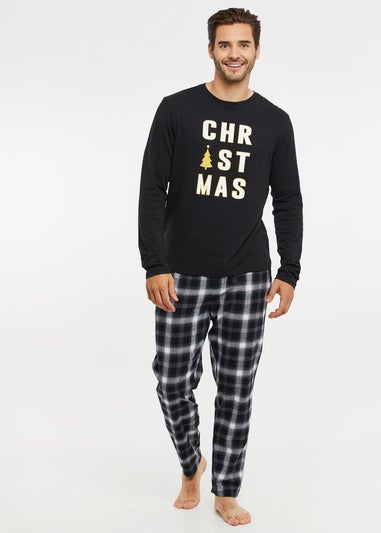 Threadbare Black Cotton Long Sleeve Christmas Check Pyjama Set