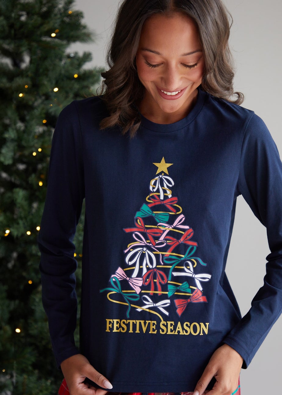 Threadbare Blue Frenchie Cotton Long Sleeve Christmas Check Pyjama Set