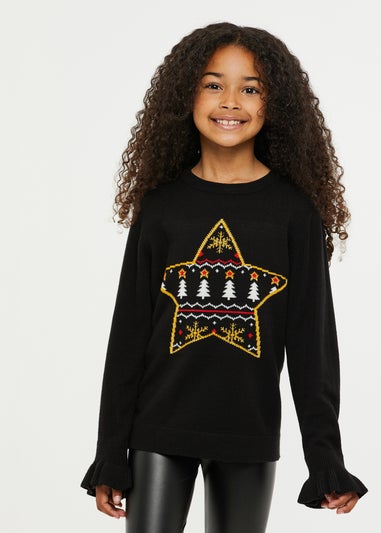 Threadbare Kids Black Crew Neck Christmas Jumper (5-12 yrs)