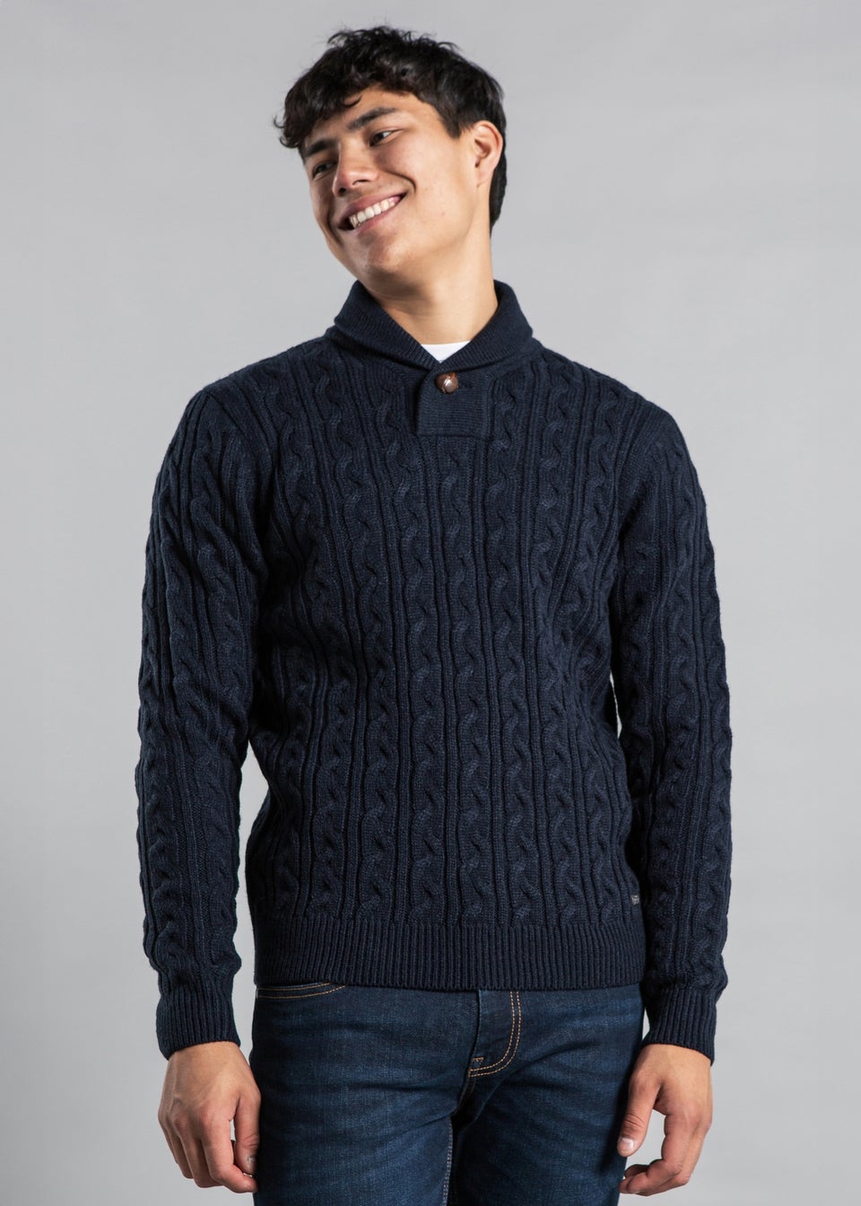 Tokyo Laundry Navy Shawl Neck Cable Knit Jumper