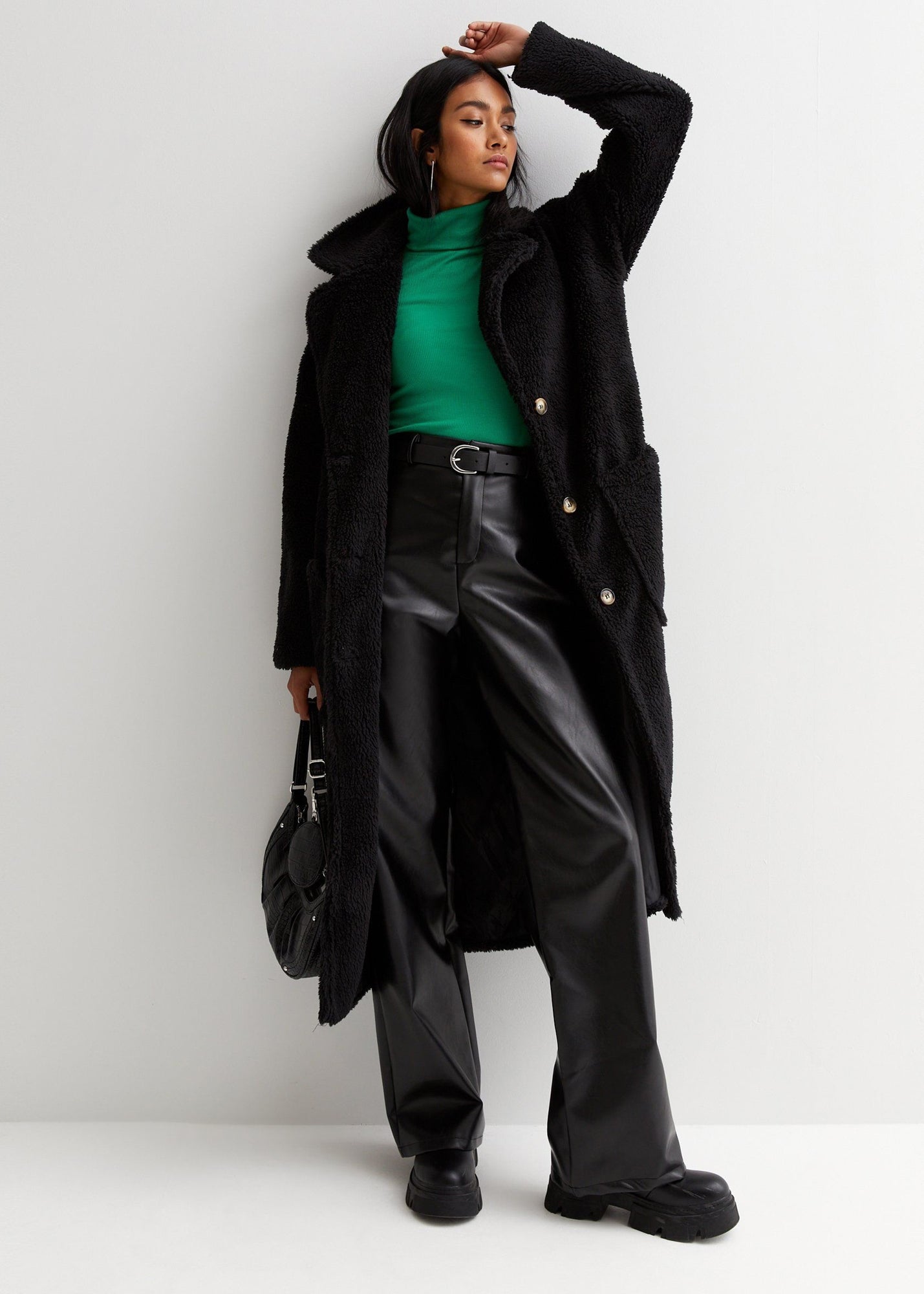 Gini London Black Longline Teddy Coat - Matalan