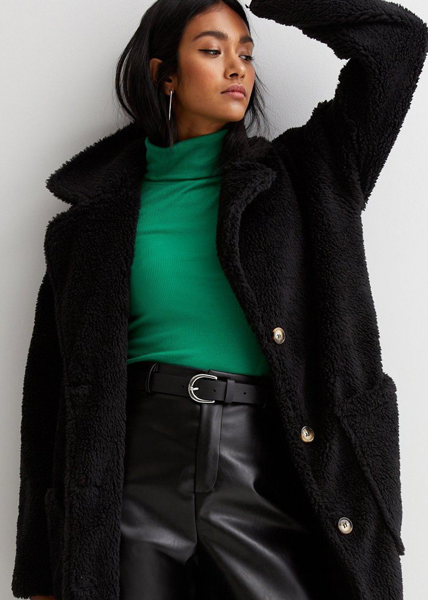 Gini London Black Longline Teddy Coat - Matalan