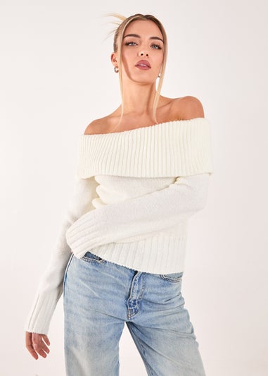 Pink Vanilla Ivory Knit Fitted Bardot Jumper
