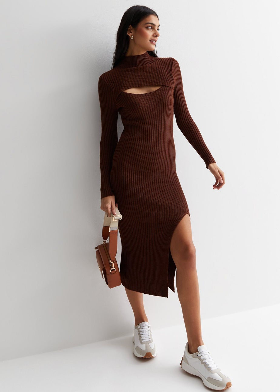 Gini London Chocolate Ribbed Bodycon Cut Detail Midi Dress