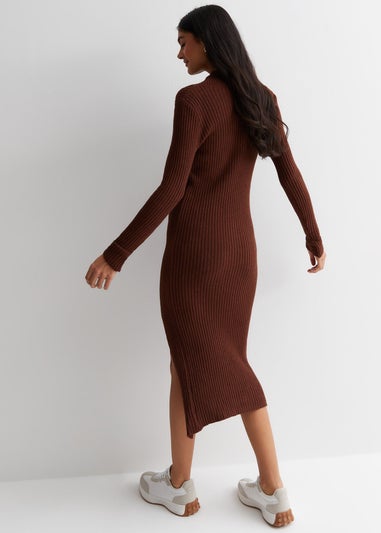 Gini London Chocolate Ribbed Bodycon Cut Detail Midi Dress