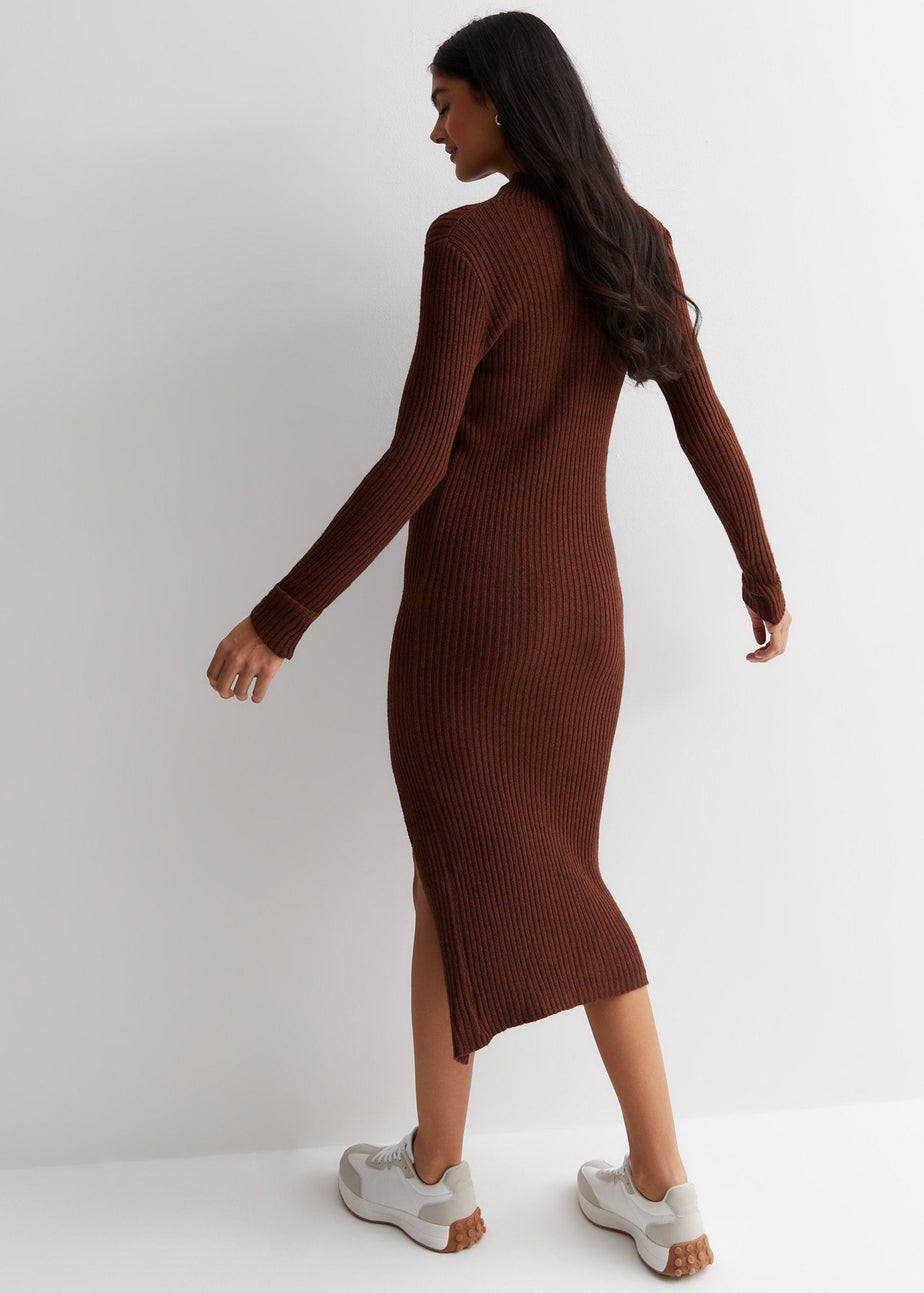 Gini London Chocolate Ribbed Bodycon Cut Detail Midi Dress