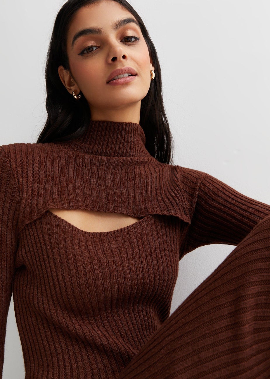 Gini London Chocolate Ribbed Bodycon Cut Detail Midi Dress