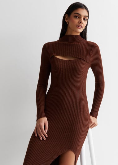 Gini London Chocolate Ribbed Bodycon Cut Detail Midi Dress