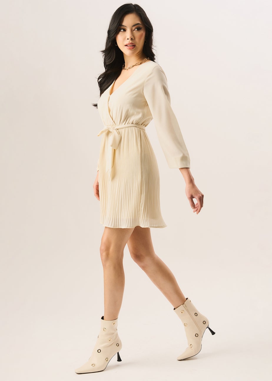 Gini London Cream Pleated Longsleeve Wrap Mini Dress
