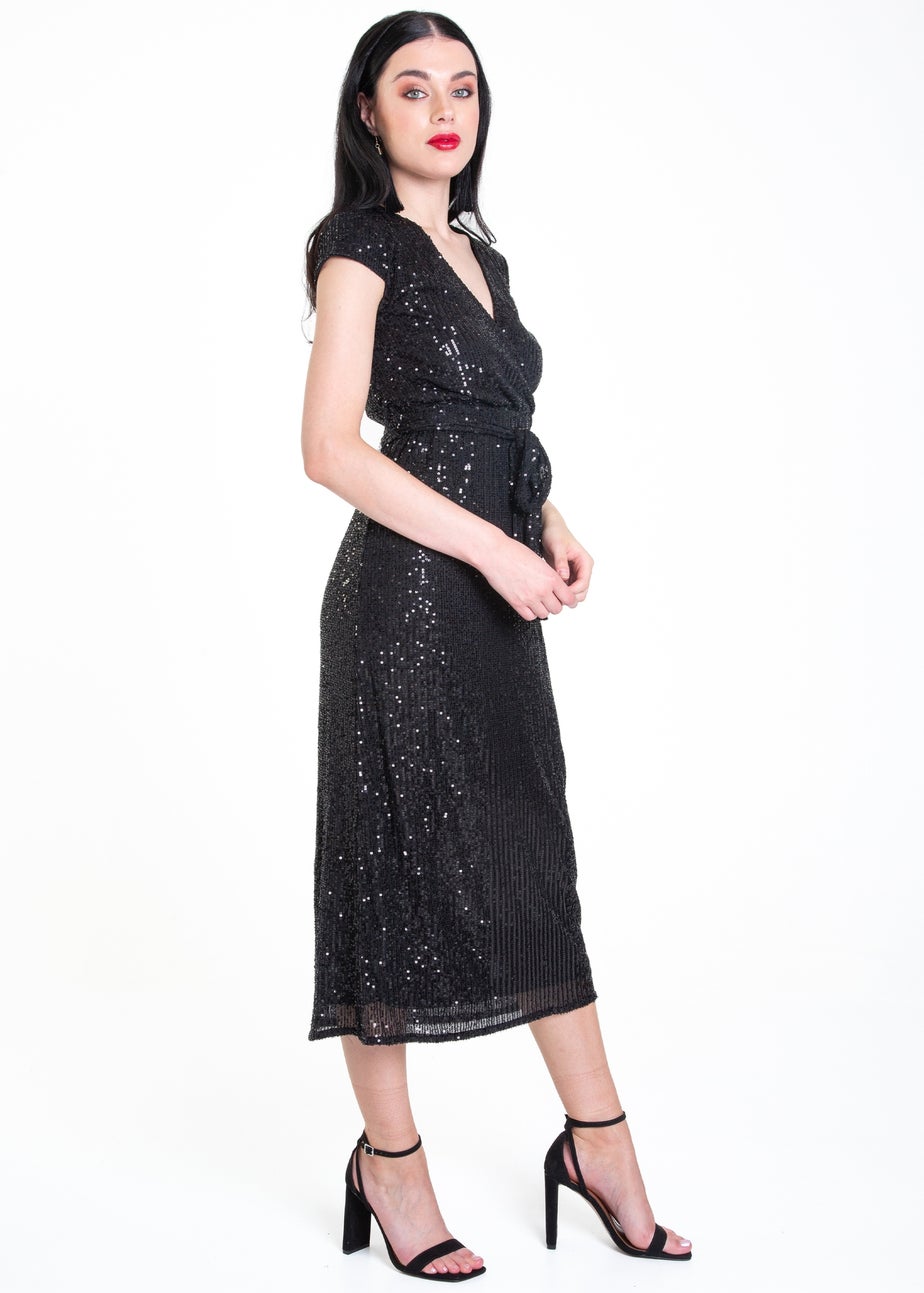 Gini London Black Sequin Belted Midi Wrap Dress