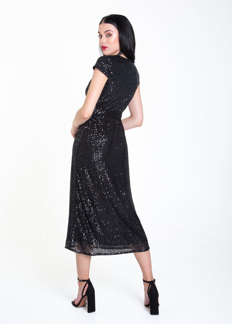 Gini London Black Sequin Belted Midi Wrap Dress