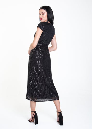 Gini London Black Sequin Belted Midi Wrap Dress