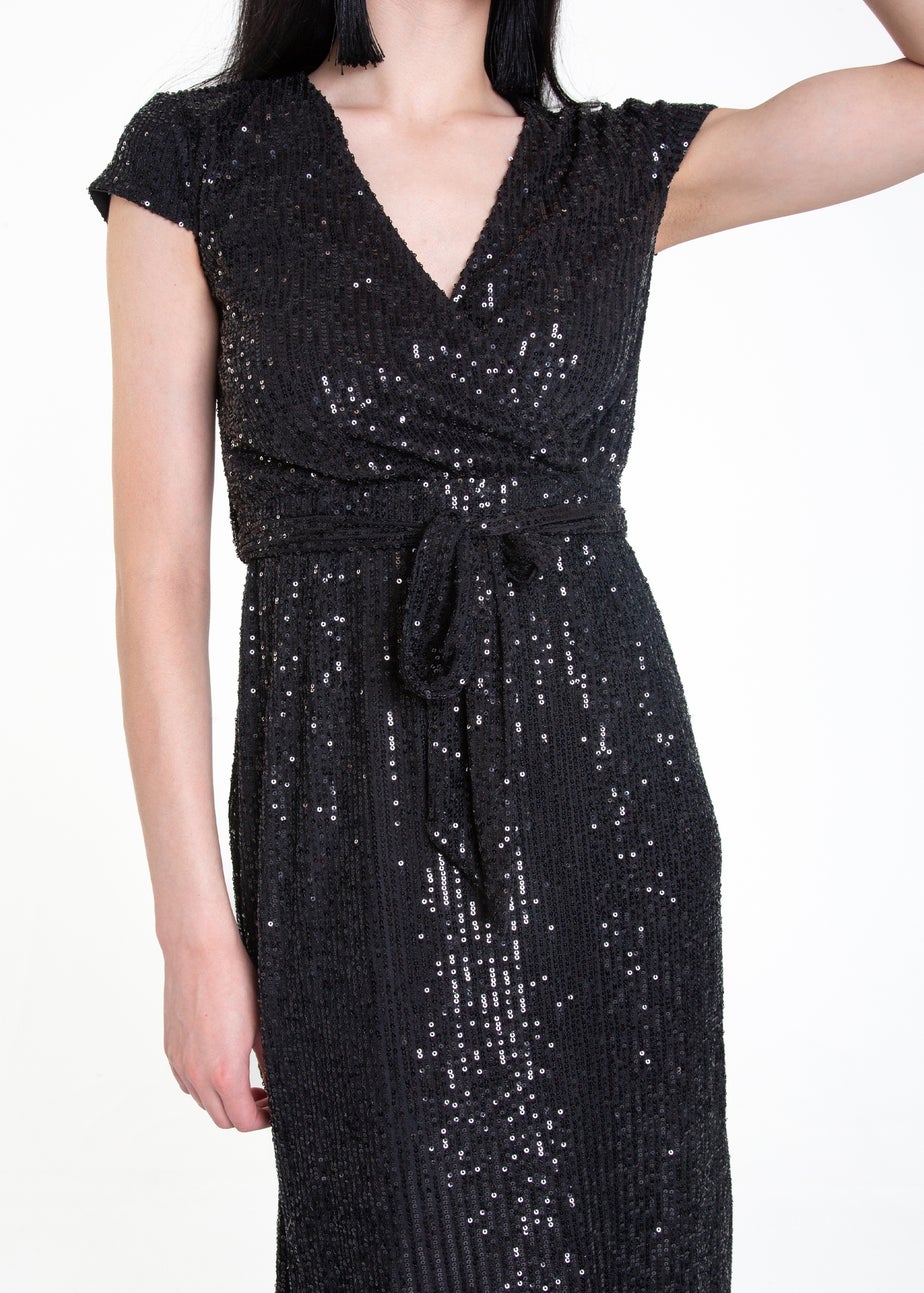 Gini London Black Sequin Belted Midi Wrap Dress