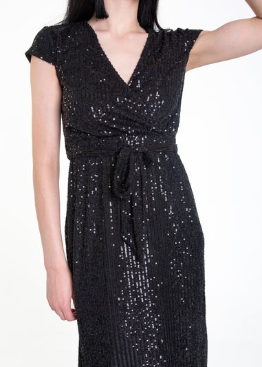Gini London Black Sequin Belted Midi Wrap Dress