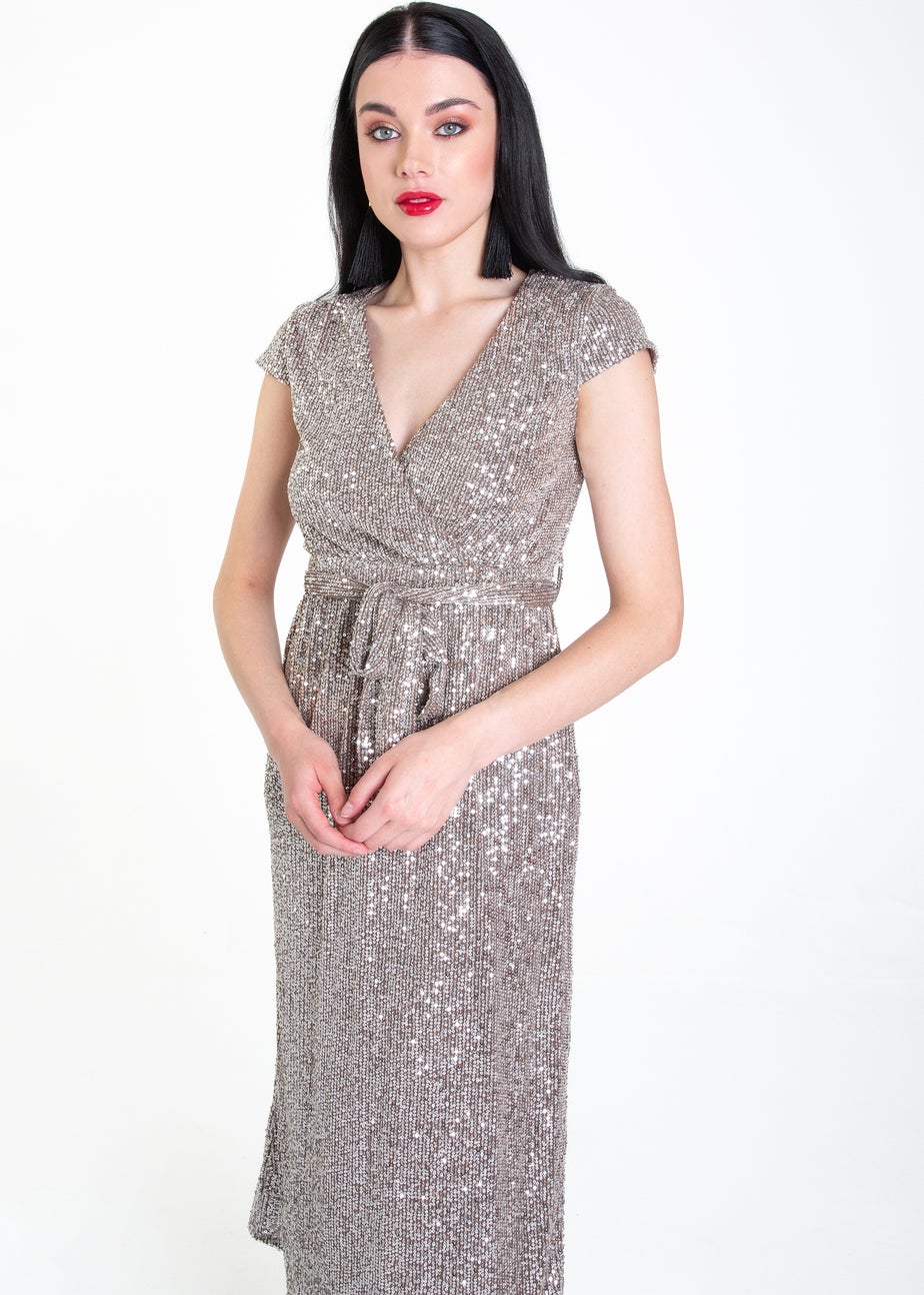 Gini London Gun Metal Sequin Belted Midi Wrap Dress